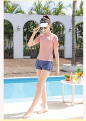 Đồ bơi bé gái thiếu niên tay ngắn quần đùi hai lớp trẻ rung năng động
