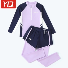 Đồ bơi bé gái YUKE tay dài quần dài phối quần sọc - kéo khóa trước, màu tím pastel chống nắng dễ thương