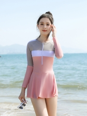 Đồ bơi bé gái lớn liền thân tay dài váy quần đùi kín đáo phía trong phối màu pastel ngọt ngào 2603