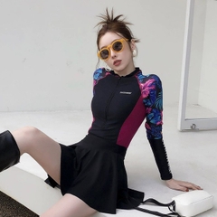 Đồ bơi nữ liền thân tay dài kèm chân váy họa tiết hoa nhiệt đới