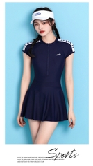 Đồ bơi nữ liền váy tay ngắn Yuke màu đen basic, phối chữ vai cá tính, khóa kéo trước tiện lợi