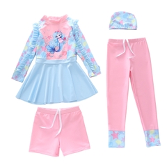 Set bơi bé gái tay dài quần dài váy quần đùi 4 chi tiết tặng kèm nón