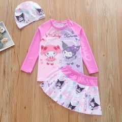 Đồ bơi bé gái tay dài váy rời Kuromi and Melody tặng kèm nón bơi xinh xắn