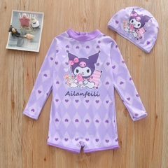 Đồ bơi bé gái tay dài liền thân Kuromi tím tặng kèm nón bơi xinh xắn
