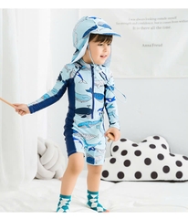 Đồ bơi bé trai tay dài chống nắng chống UV kèm nón che gáy đáng yêu
