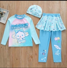 Đồ bơi bé gái tay dài quần dài phối váy Kuromi hoạt hình tặng kèm nón bơi xinh xắn