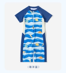 Đồ bơi liền thân bé trai họa tiết đại dương tay ngắn, khóa kéo trước tiện lợi – Hiệu YUKE