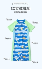 Đồ bơi liền thân bé trai họa tiết đại dương tay ngắn, khóa kéo trước tiện lợi – Hiệu YUKE