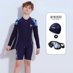 Đồ bơi bé trai tay dài quần lửng Yobel phối vai sườn xám, khóa kéo trước tiện lợi