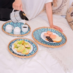 Bamboo Wood Natural Round Serving Food Tray, Raised Edge with Cut-Out Handles