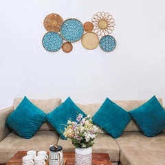 Bamboo Wood Natural Round Serving Food Tray, Raised Edge with Cut-Out Handles