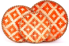 wholesale 12 inches cheap custom modern style eco melamine round bamboo fiber serving tray set with handle own print