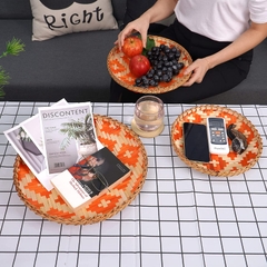 wholesale 12 inches cheap custom modern style eco melamine round bamboo fiber serving tray set with handle own print