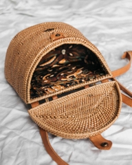 2020 New arrivals Vietnam Natural brown Rattan Women backpack Leather Strap handmade Summer Fashion Straw beach Travelling bag