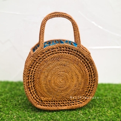 Vintage handmade light brown woven natural straw bohemian satchel bag with dark blue flowers, natural common water hyacinth satchel bag