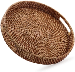 Round Rattan Woven Serving Tray with Handles Ottoman Tray for Breakfast, Drinks, Snack for Coffee Table, Home Decorative (16.9 inch, Honey Brown)