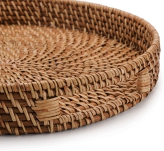Round Rattan Woven Serving Tray with Handles Ottoman Tray for Breakfast, Drinks, Snack for Coffee Table, Home Decorative (16.9 inch, Honey Brown)