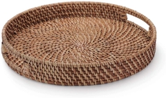 Round Rattan Woven Serving Tray with Handles Ottoman Tray for Breakfast, Drinks, Snack for Coffee Table, Home Decorative (16.9 inch, Honey Brown)