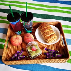 Large Size Handwoven Serving Tray, Rattan Basket with Cutout Handles, Rectangular Bread Tray, Wicker Basket Tray for Dessert, Snack, Candy, Brown