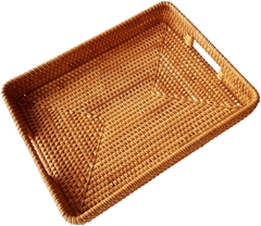 Large Size Handwoven Serving Tray, Rattan Basket with Cutout Handles, Rectangular Bread Tray, Wicker Basket Tray for Dessert, Snack, Candy, Brown