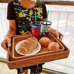 Large Size Handwoven Serving Tray, Rattan Basket with Cutout Handles, Rectangular Bread Tray, Wicker Basket Tray for Dessert, Snack, Candy, Brown