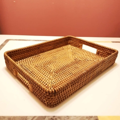 Large Size Handwoven Serving Tray, Rattan Basket with Cutout Handles, Rectangular Bread Tray, Wicker Basket Tray for Dessert, Snack, Candy, Brown