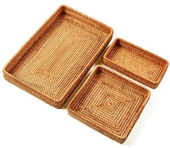 Set of 3 Handmade Rattan Rectangle Serving Tray Wicker Serving Organizer Tabletop Fruit Platter