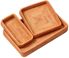 Set of 3 Handmade Rattan Rectangle Serving Tray Wicker Serving Organizer Tabletop Fruit Platter