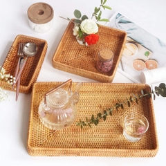 Set of 3 Handmade Rattan Rectangle Serving Tray Wicker Serving Organizer Tabletop Fruit Platter