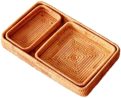 Set of 3 Handmade Rattan Rectangle Serving Tray Wicker Serving Organizer Tabletop Fruit Platter