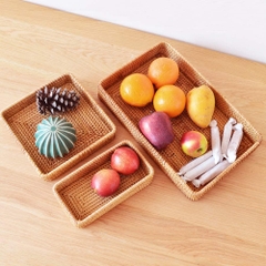 Set of 3 Handmade Rattan Rectangle Serving Tray Wicker Serving Organizer Tabletop Fruit Platter