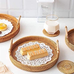 Rattan Hand Woven Round Decorative Rustic Serving Wicker Trays with Handles for Home / Social Events - Bread Basket, Vegetable, Fruits, Snacks