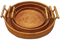 Rattan Hand Woven Round Decorative Rustic Serving Wicker Trays with Handles for Home / Social Events - Bread Basket, Vegetable, Fruits, Snacks