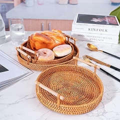 Rattan Hand Woven Round Decorative Rustic Serving Wicker Trays with Handles for Home / Social Events - Bread Basket, Vegetable, Fruits, Snacks