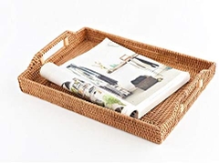Hand-Woven Rattan Rectangular Serving Tray with Handles for Breakfast, Drinks, Snack for Coffee Table (14.5x10.2x1.4inches)