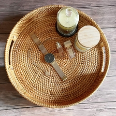 Round Rattan Serving Tray with Handles, Natural Rattan Handmade Woven, Food Serving Woven Tray for Breakfast, Drinks, Snacks for Coffee Table, Home Decor