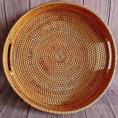 Round Rattan Serving Tray with Handles, Natural Rattan Handmade Woven, Food Serving Woven Tray for Breakfast, Drinks, Snacks for Coffee Table, Home Decor