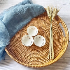 Round Rattan Serving Tray with Handles, Natural Rattan Handmade Woven, Food Serving Woven Tray for Breakfast, Drinks, Snacks for Coffee Table, Home Decor