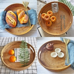 Round Rattan Serving Tray with Handles, Natural Rattan Handmade Woven, Food Serving Woven Tray for Breakfast, Drinks, Snacks for Coffee Table, Home Decor