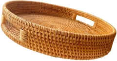 Round Rattan Serving Tray with Handles, Natural Rattan Handmade Woven, Food Serving Woven Tray for Breakfast, Drinks, Snacks for Coffee Table, Home Decor