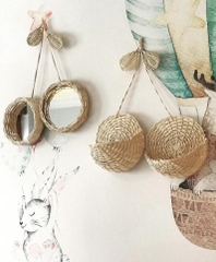 Cherry Rattan Mirror & Basket Set, Nursery Mirror, Rattan Baby Room Mirror, Bohemian Baby Room, Rattan Cherry Mirror, Nursery Wall Décor