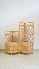 Wicker Boho Corner Shelf Cupboard with 2-Door Storage - TPC010