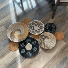 Set of 9 Basket Wall Decor, Boho Wall Decor, Boho Wall Art, Wicker Round Bowl, Wicker Wall Tray, Bohemian Wall Decor, Hanger Wall Plate