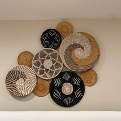 Set of 9 Basket Wall Decor, Boho Wall Decor, Boho Wall Art, Wicker Round Bowl, Wicker Wall Tray, Bohemian Wall Decor, Hanger Wall Plate