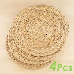 4 Pack 11.8'' Round Natural Water Hyacinth Weave Placemat Handmade Heat Resistant Braided Rattan Grass Mat for Dining Table Decoration
