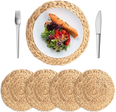 4 Pack 11.8'' Round Natural Water Hyacinth Weave Placemat Handmade Heat Resistant Braided Rattan Grass Mat for Dining Table Decoration