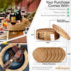 Woven Placemats for Dining Table - Set of 6 Adorable Thick Rustic Round Kitchen Placemats with Decorative Round Holder – All Natural Wicker