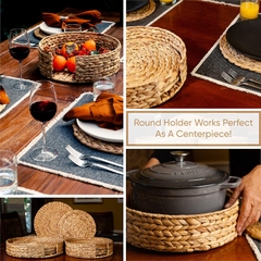 Woven Placemats for Dining Table - Set of 6 Adorable Thick Rustic Round Kitchen Placemats with Decorative Round Holder – All Natural Wicker
