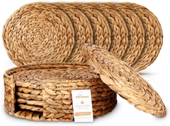 Woven Placemats for Dining Table - Set of 6 Adorable Thick Rustic Round Kitchen Placemats with Decorative Round Holder – All Natural Wicker