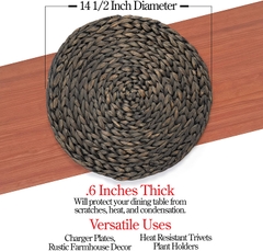 Placemats for Dining Table Extra Large 14 1/2 Inch Diam | Round Place Mats Set of 4 Water Hyacinth Straw Braided Handmade Woven Charger Plates | 100% Natural Eco Friendly Farmhouse Decor